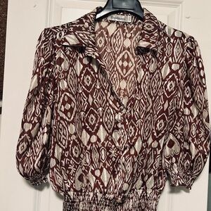 Burgundy and Cream Ikat Button-Front Blouse